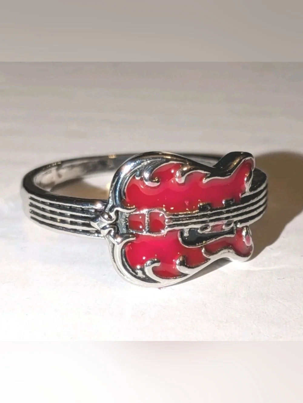 Elvis Inspired Silver Plated Guitar Red Enamel   Unisex Intricate Detailed Ring
